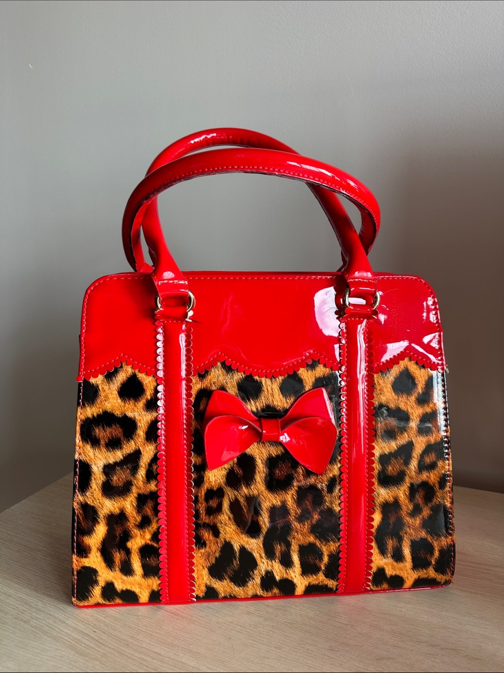 Banned Retro Red Patent Leopard Bow Satchel Handbag